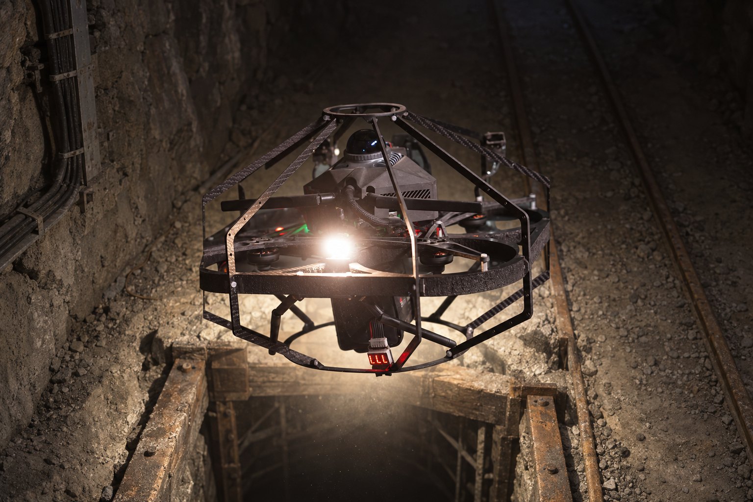 RoboAid z nadhledu nad ústím šachty, svítí si vlastním reflektorem, koncept