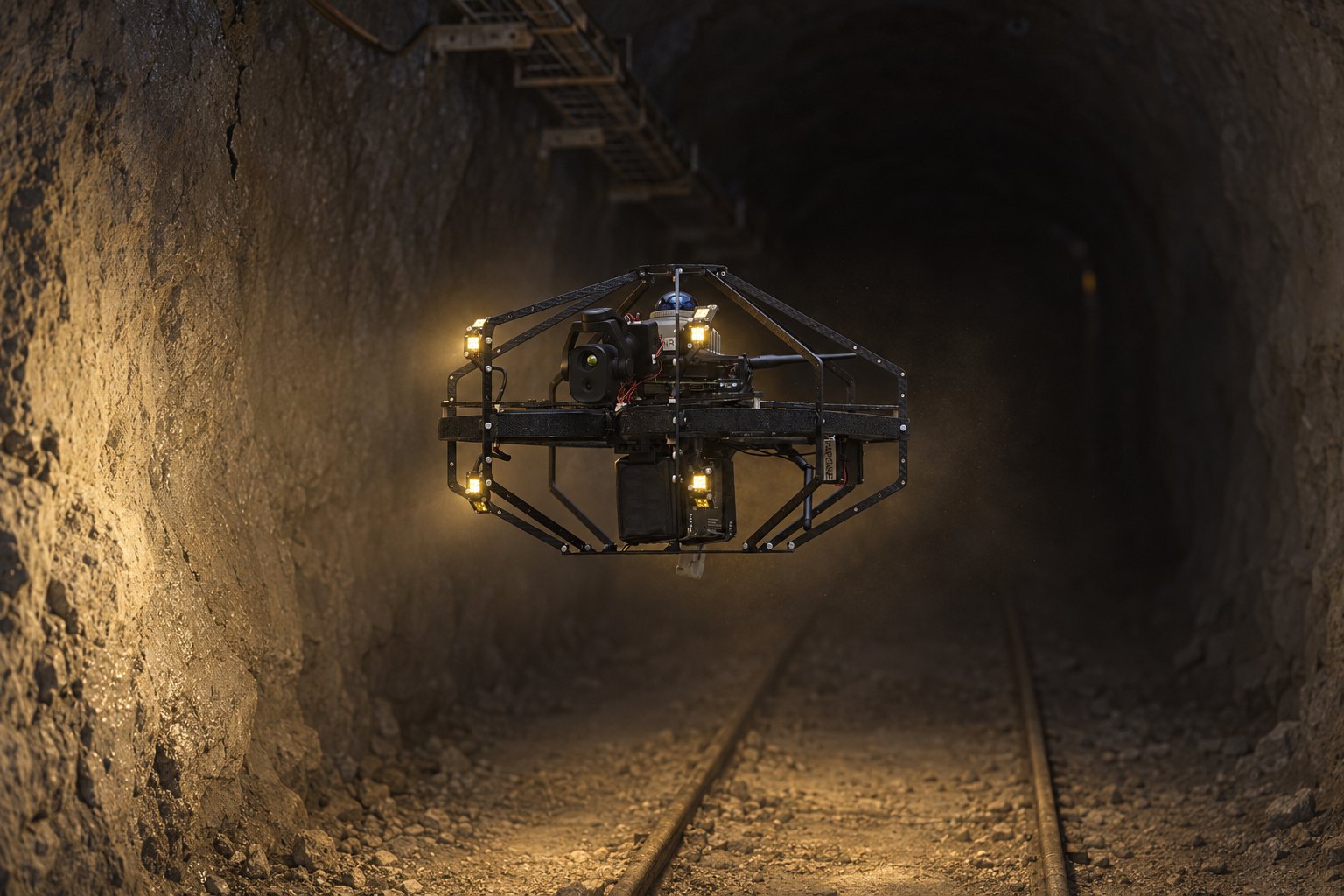 Autonomní dron se světly v úzké štole